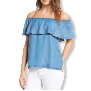 7 For All Mankind Off Shoulder Chambray Top Womens XS Blue Ruffle‎ Denim Blouse